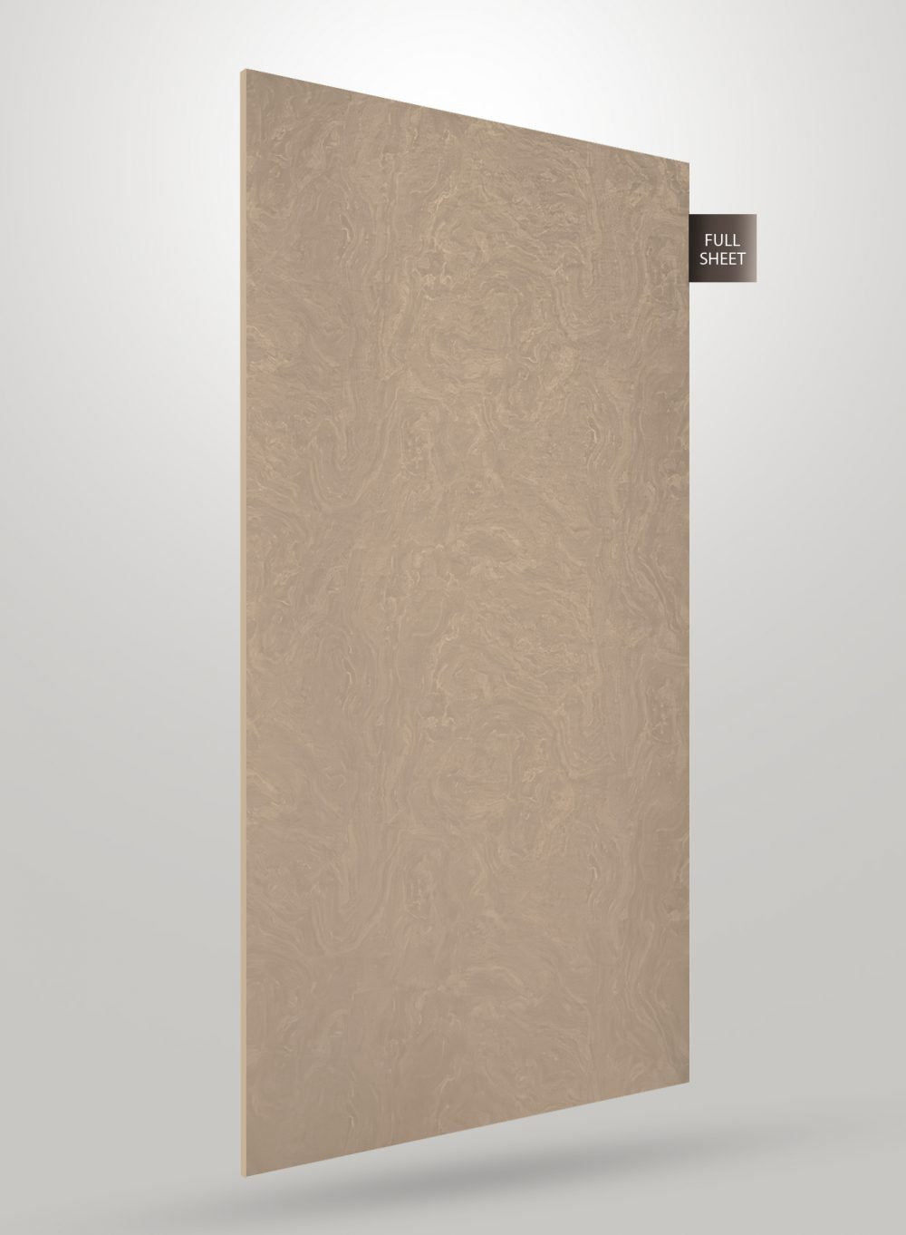 Beige marble laminate sheet with matte finish and swirling pattern, shown as full sheet with visible texture and subtle