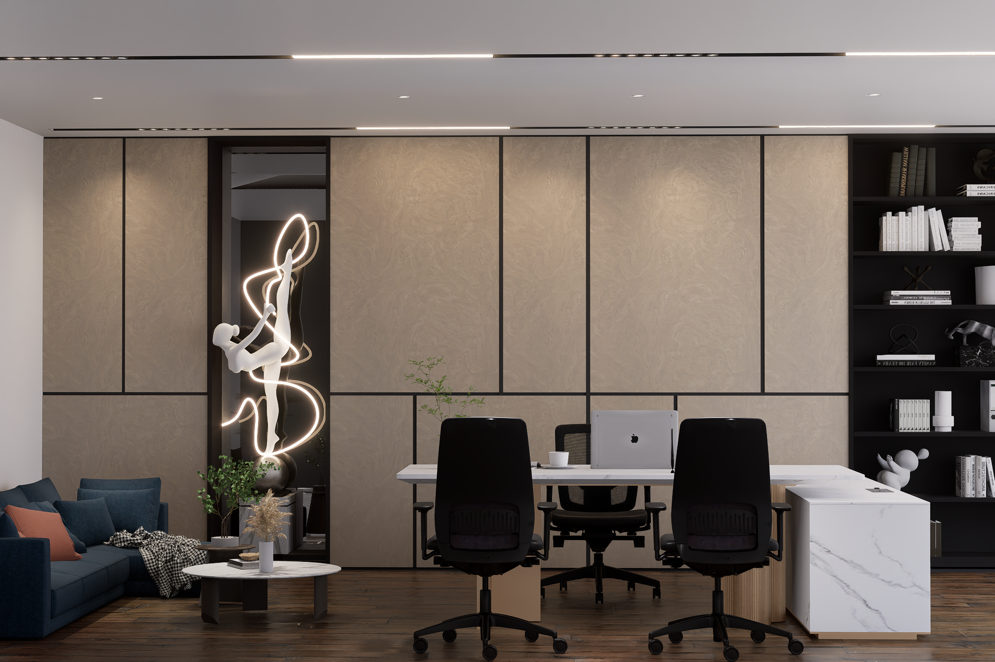 Beige marble laminate wall panels with subtle texture in modern office interior with minimalist decor and sleek furniture.