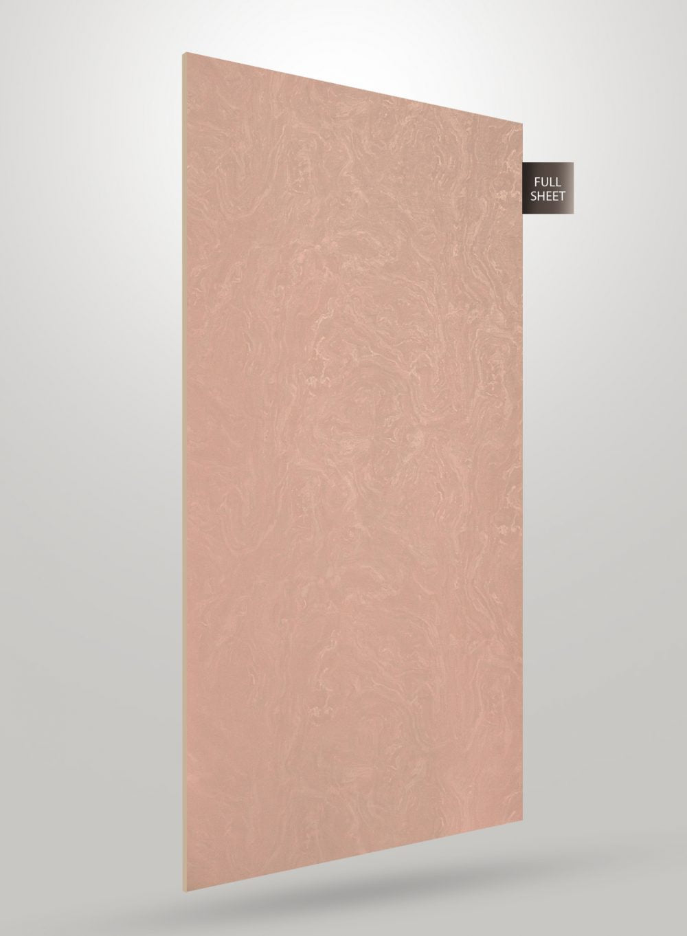 Pink marble laminate sheet with matte finish and swirly pattern, displayed as full sheet with visible texture and subtle