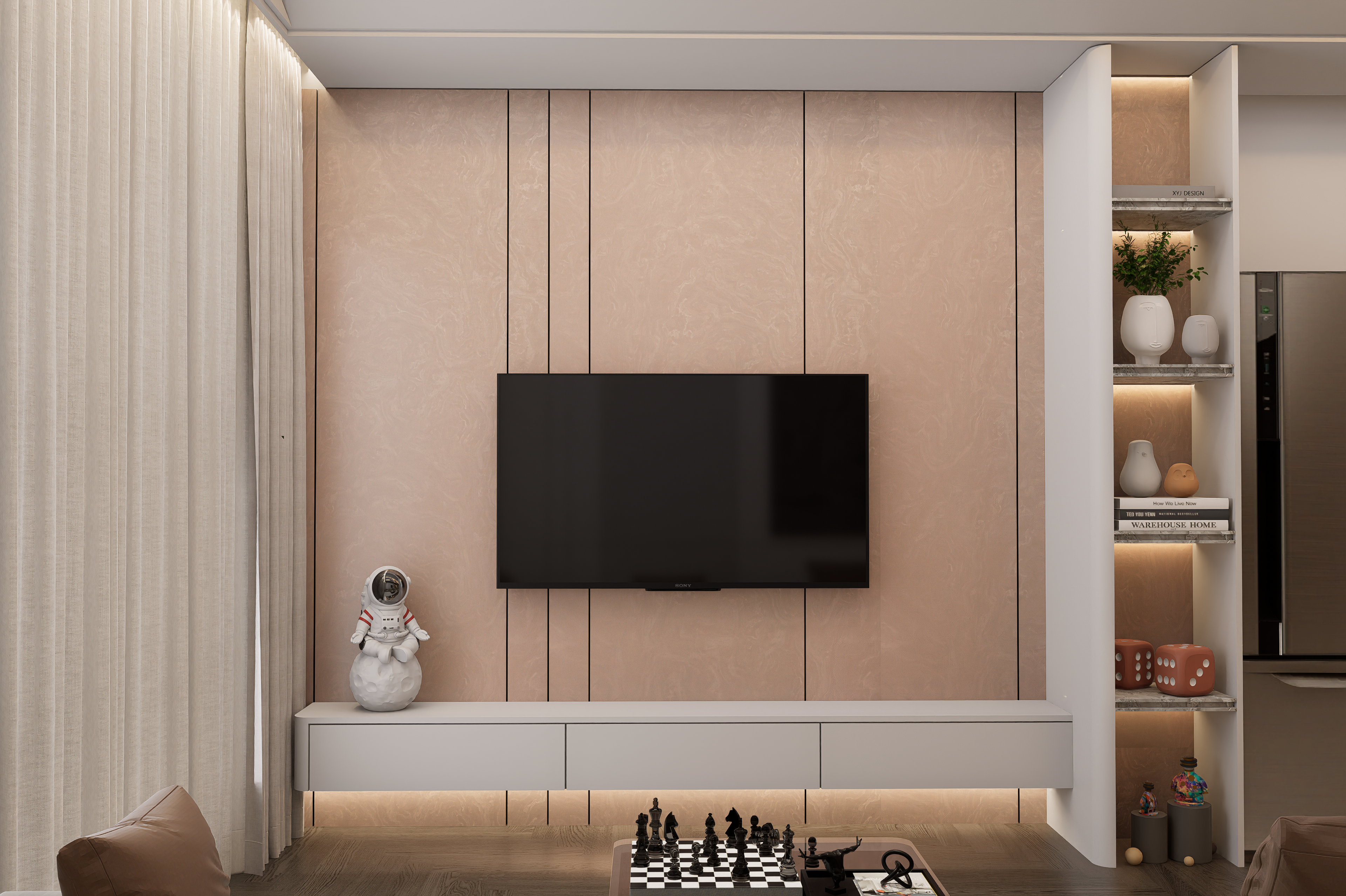 Pink marble laminate wall panels with matte finish in a modern living room setting with TV and decor items