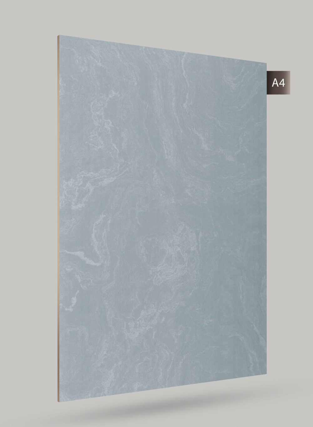 Grey marble laminate sheet with matte finish and swirling pattern, displayed at an angle with visible edge.