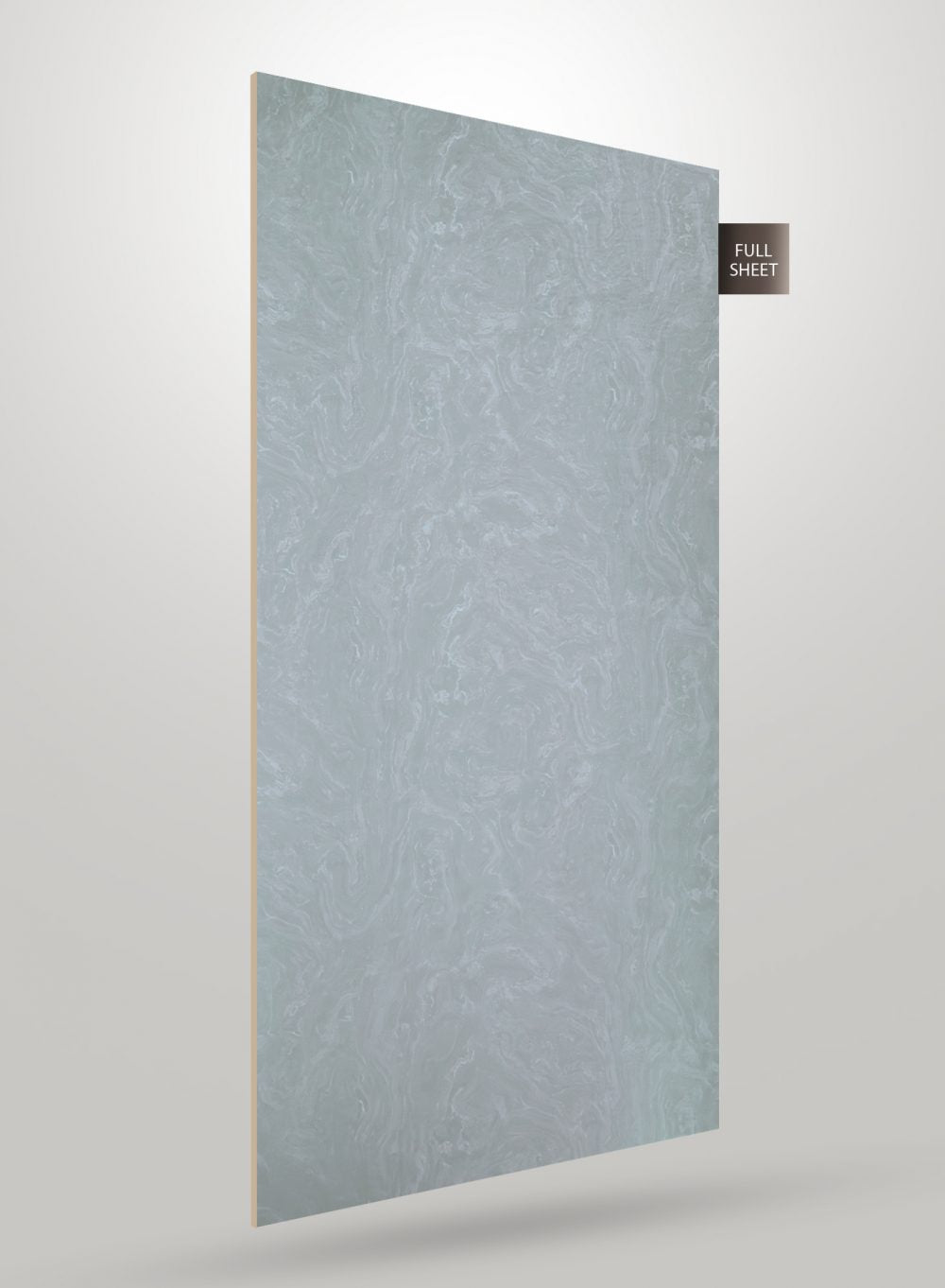 Grey marble laminate sheet with matte finish and swirly pattern, shown at an angle with visible edge.