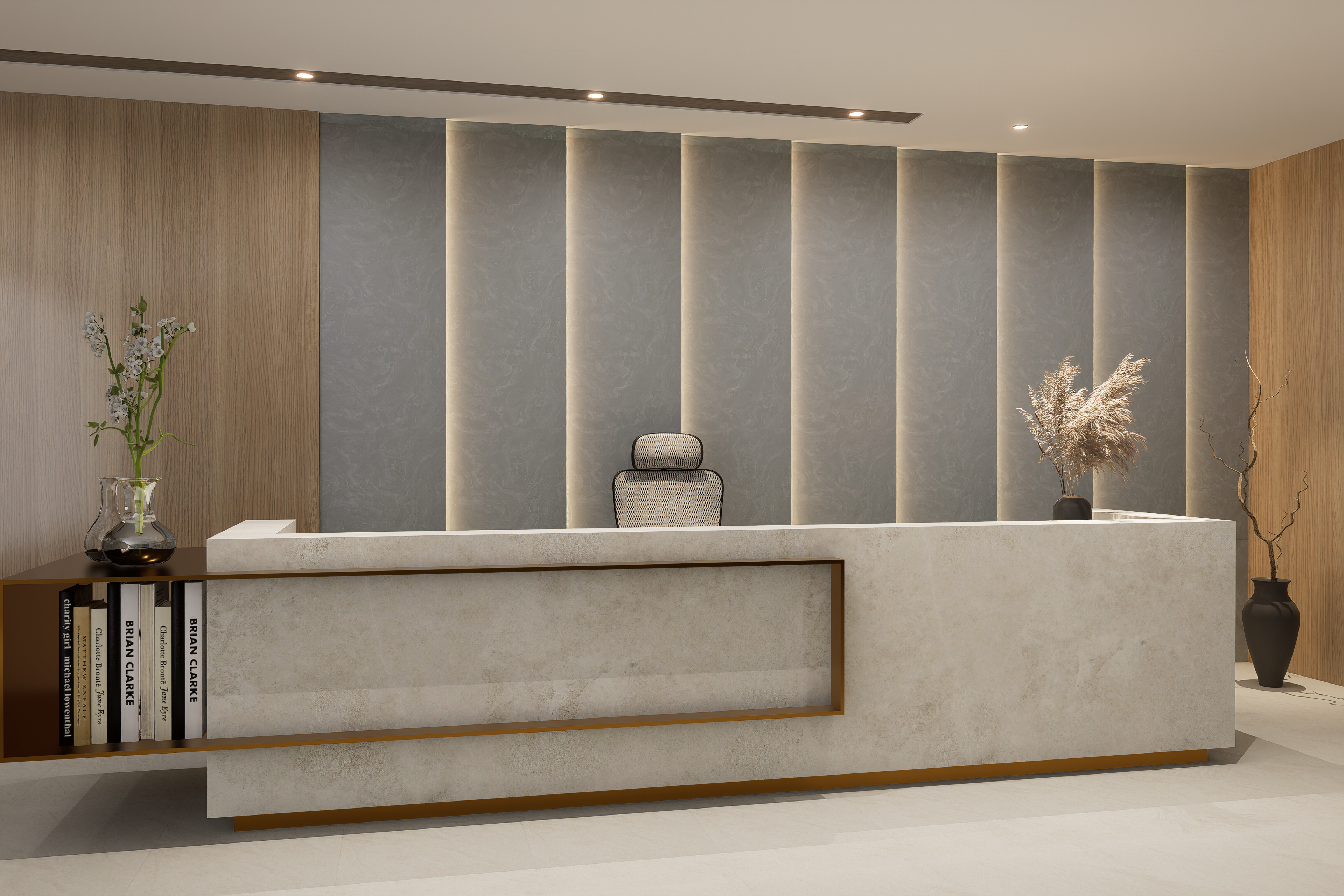 Grey marble laminate wall panels with matte finish and swirled pattern in a modern reception area setting.