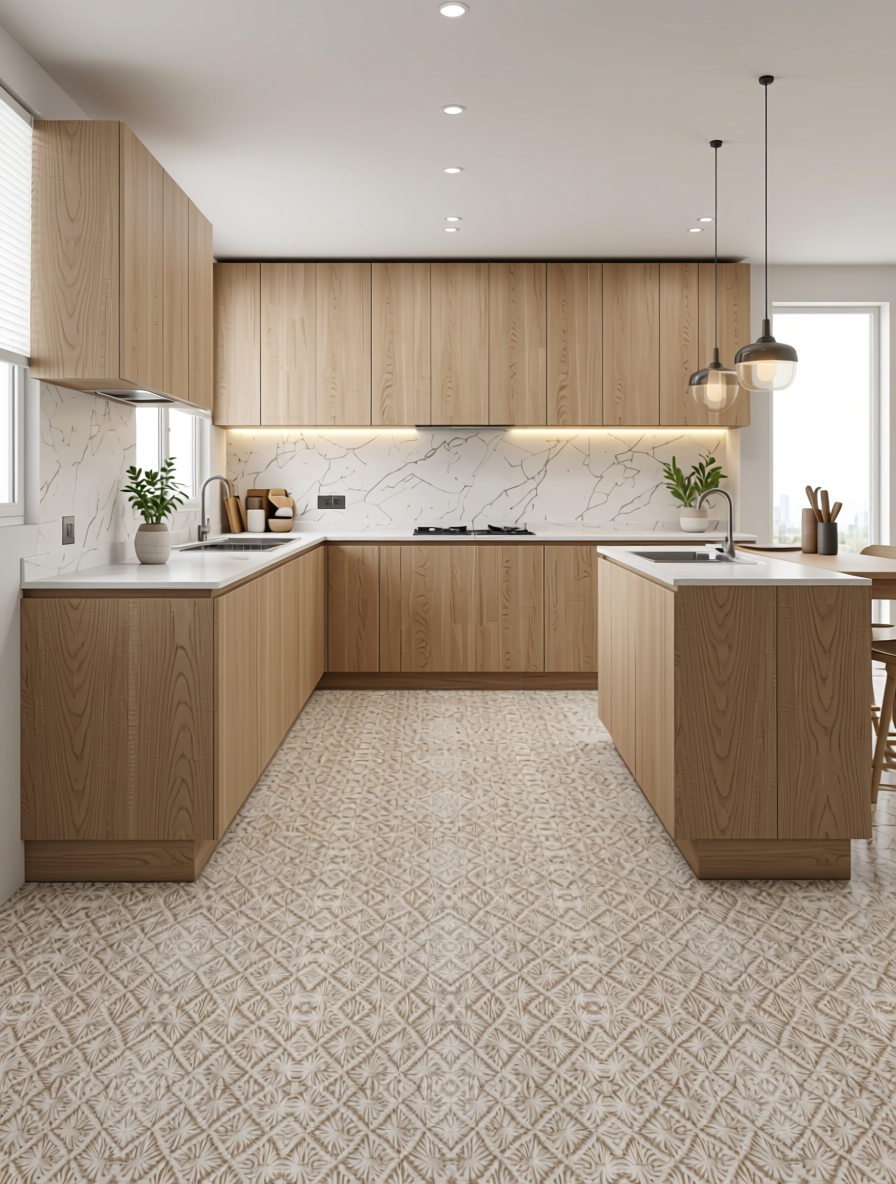 Beige laminate sheet with intricate geometric pattern and textured finish.