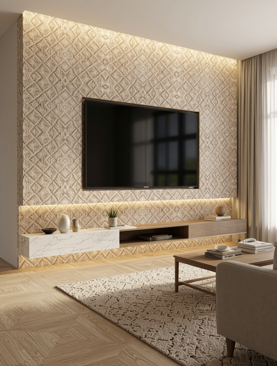 Beige laminate sheet with intricate geometric pattern and textured finish.