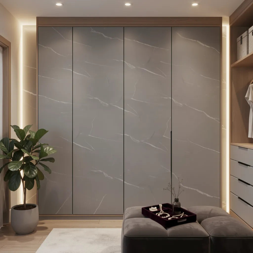 Grey marble laminate with matte finish, textured pattern, and subtle veining.