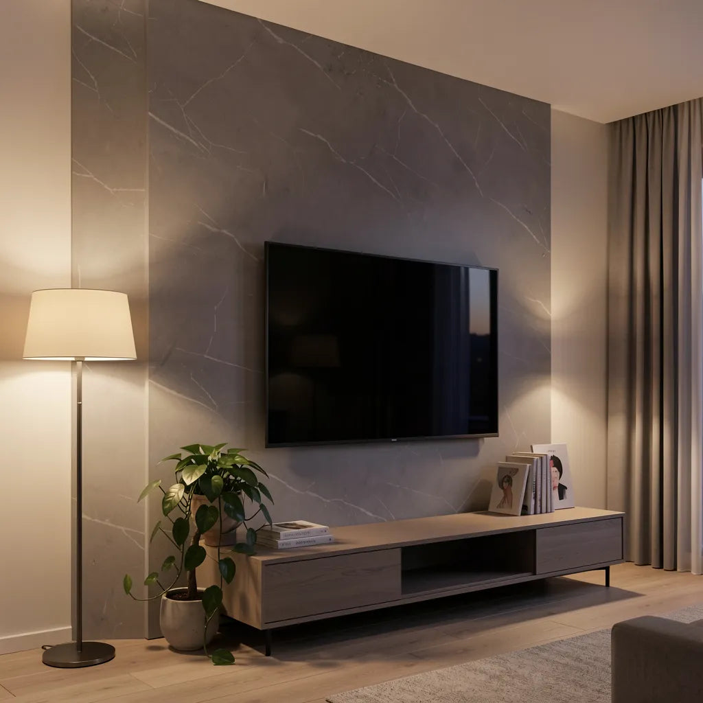Grey marble laminate with matte finish, textured pattern, and subtle veining.