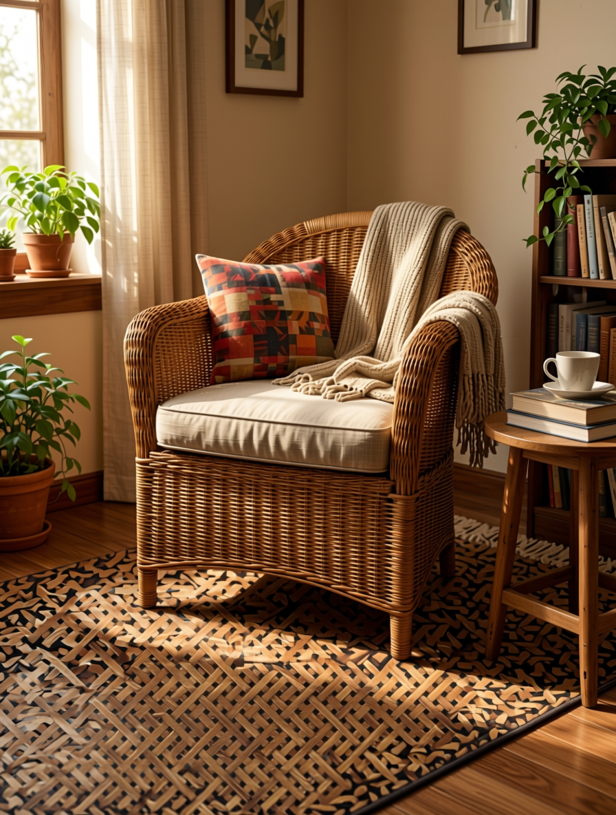 Brown textured laminate with woven cane pattern and diagonal grain direction.