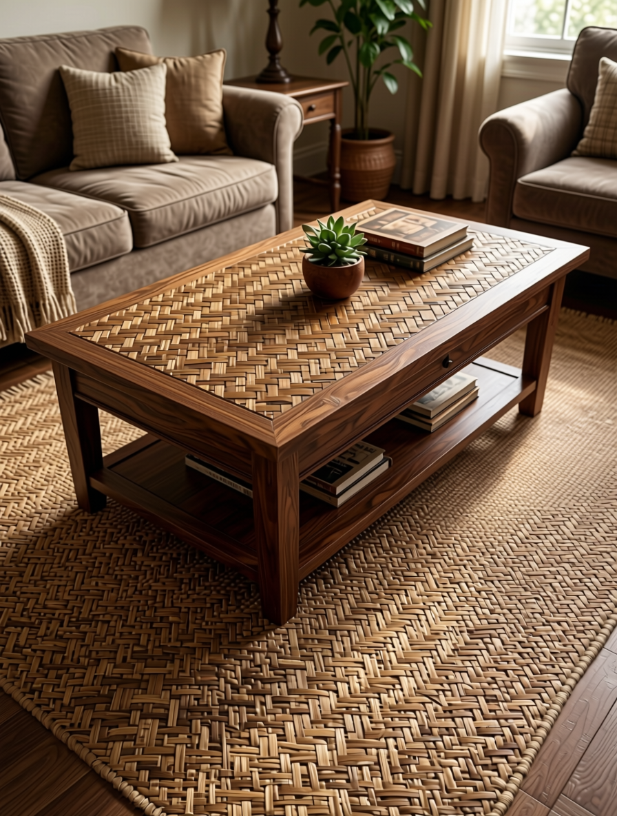 Brown textured laminate with woven cane pattern and diagonal grain direction.
