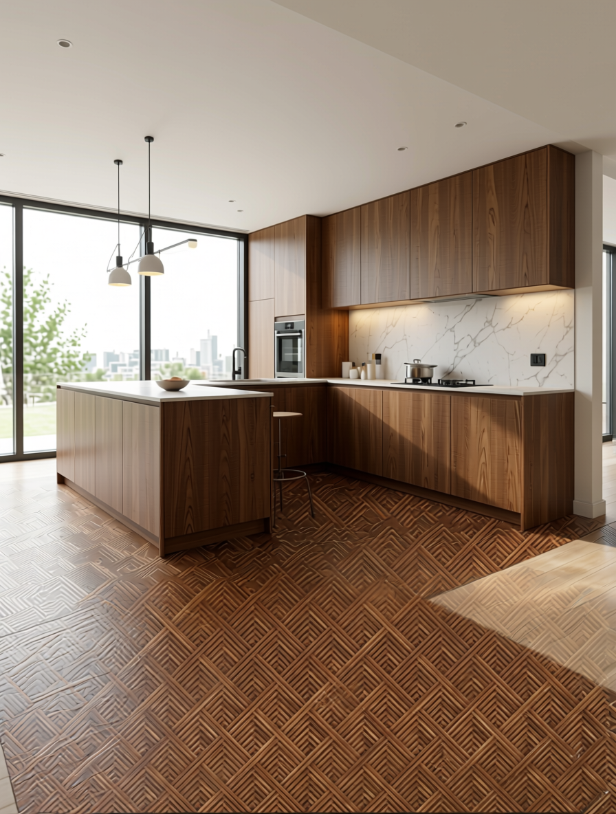 Brown laminate with geometric pattern and textured finish.