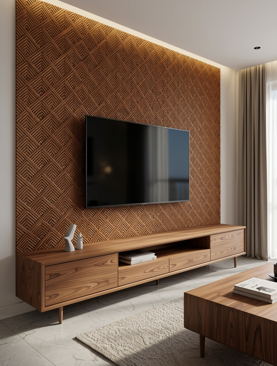 Brown laminate with geometric pattern and textured finish.