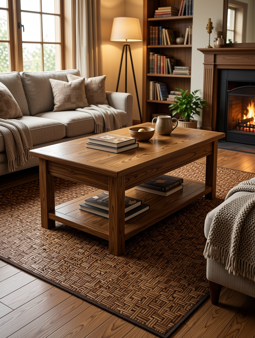 Brown laminate with textured cane pattern and diamond-shaped woven design.