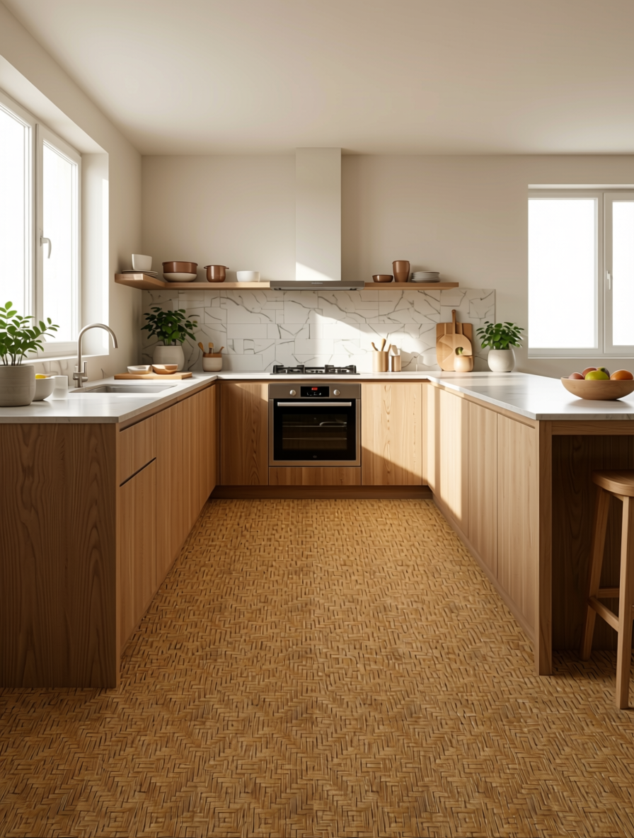 Beige textured laminate with woven cane pattern and subtle grain direction.