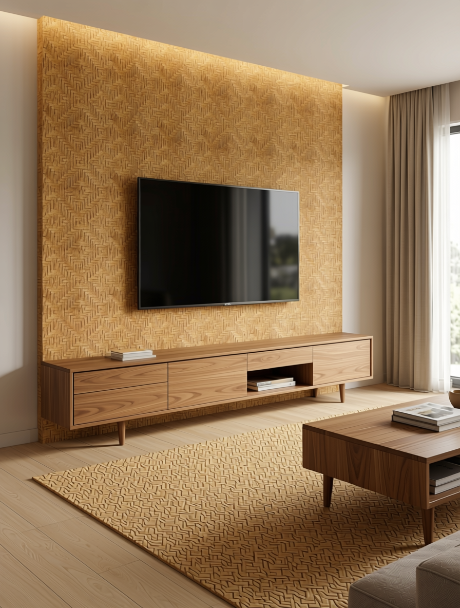 Beige textured laminate with woven cane pattern and subtle grain direction.