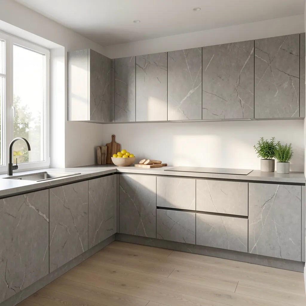 Grey marble laminate with matte finish and subtle veining pattern.