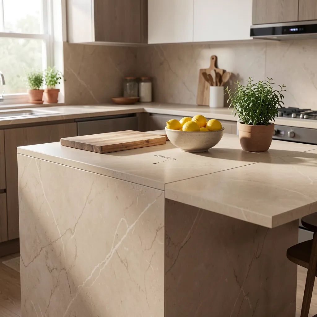 Beige marble laminate with subtle grid pattern and matte finish.