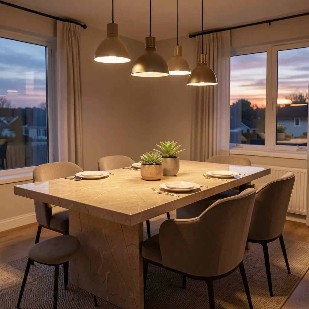 Beige textured laminate with marble-like pattern and subtle grain direction, neutral sheen.