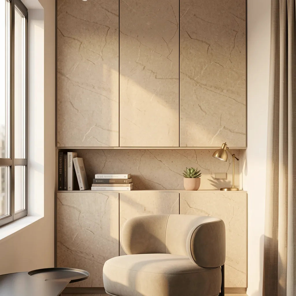 Beige textured laminate with marble-like pattern and subtle grain direction, neutral sheen.