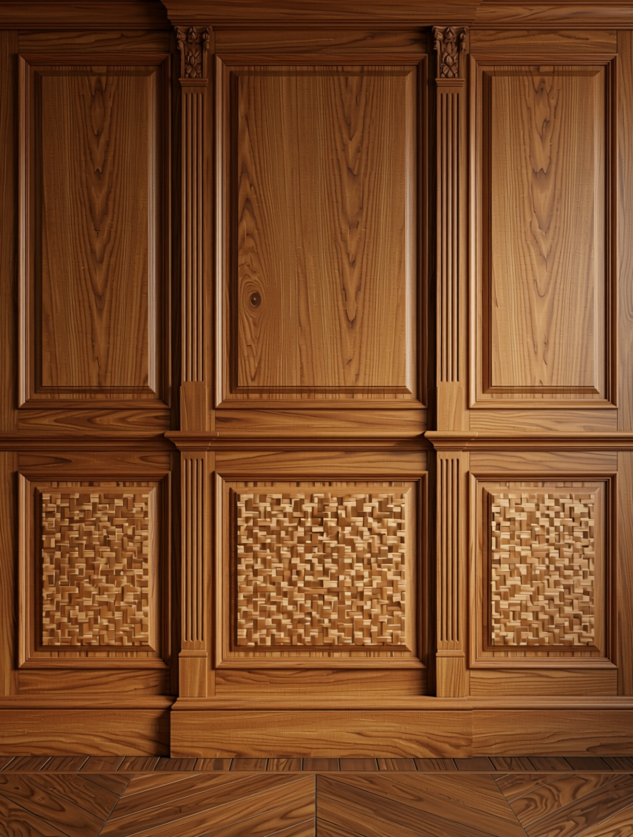 Brown laminate with textured cane pattern and diamond-shaped weave design.