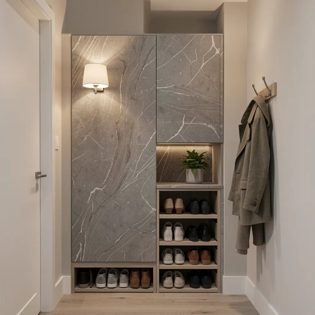 Grey laminate with various marble and stone textures and patterns.