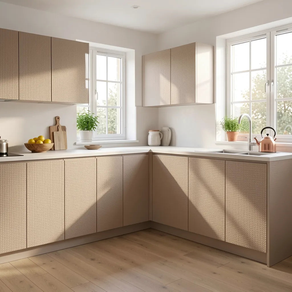 Beige laminate with textured, embossed geometric pattern and subtle grid design.