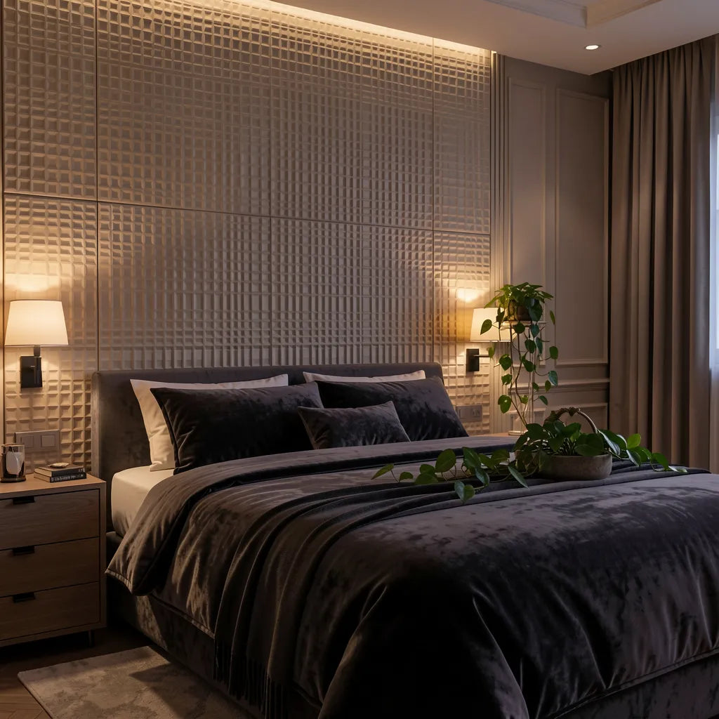 Beige laminate with textured, embossed geometric pattern and subtle grid design.