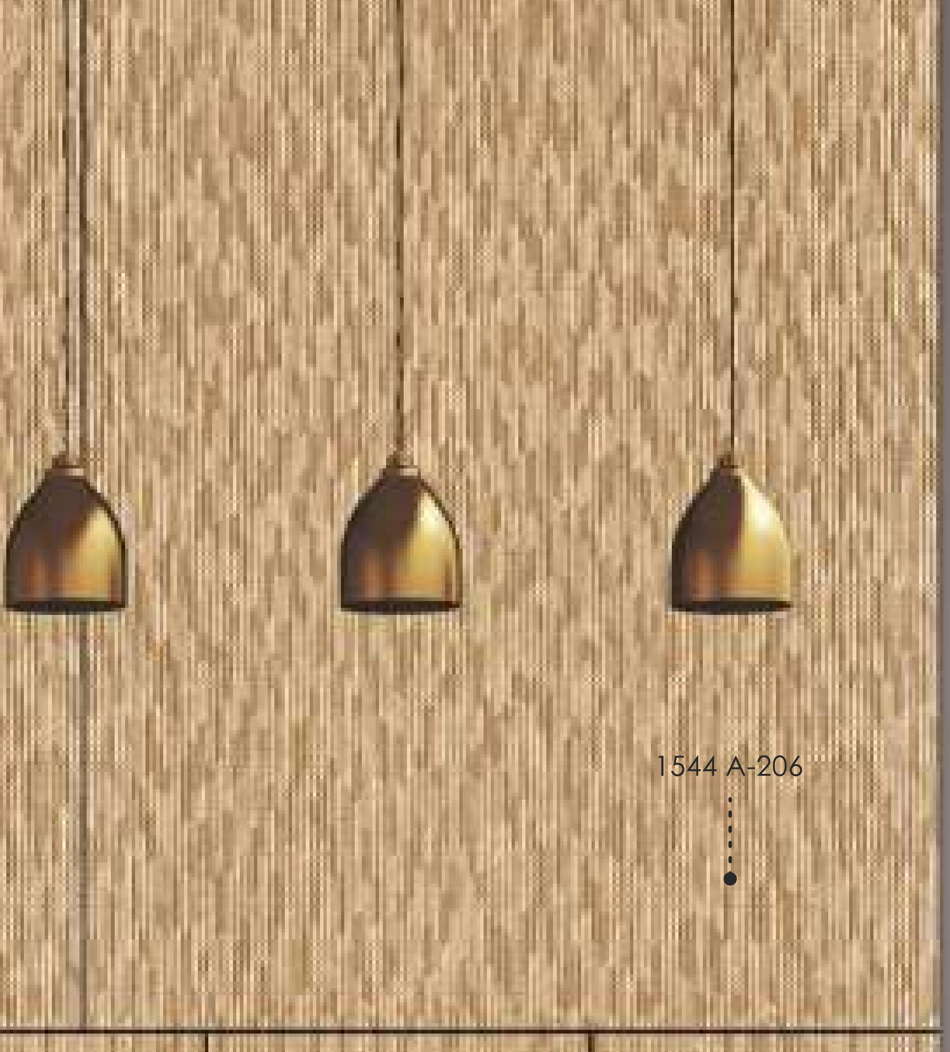 Beige wood laminate with vertical grain and three hanging brass lights.