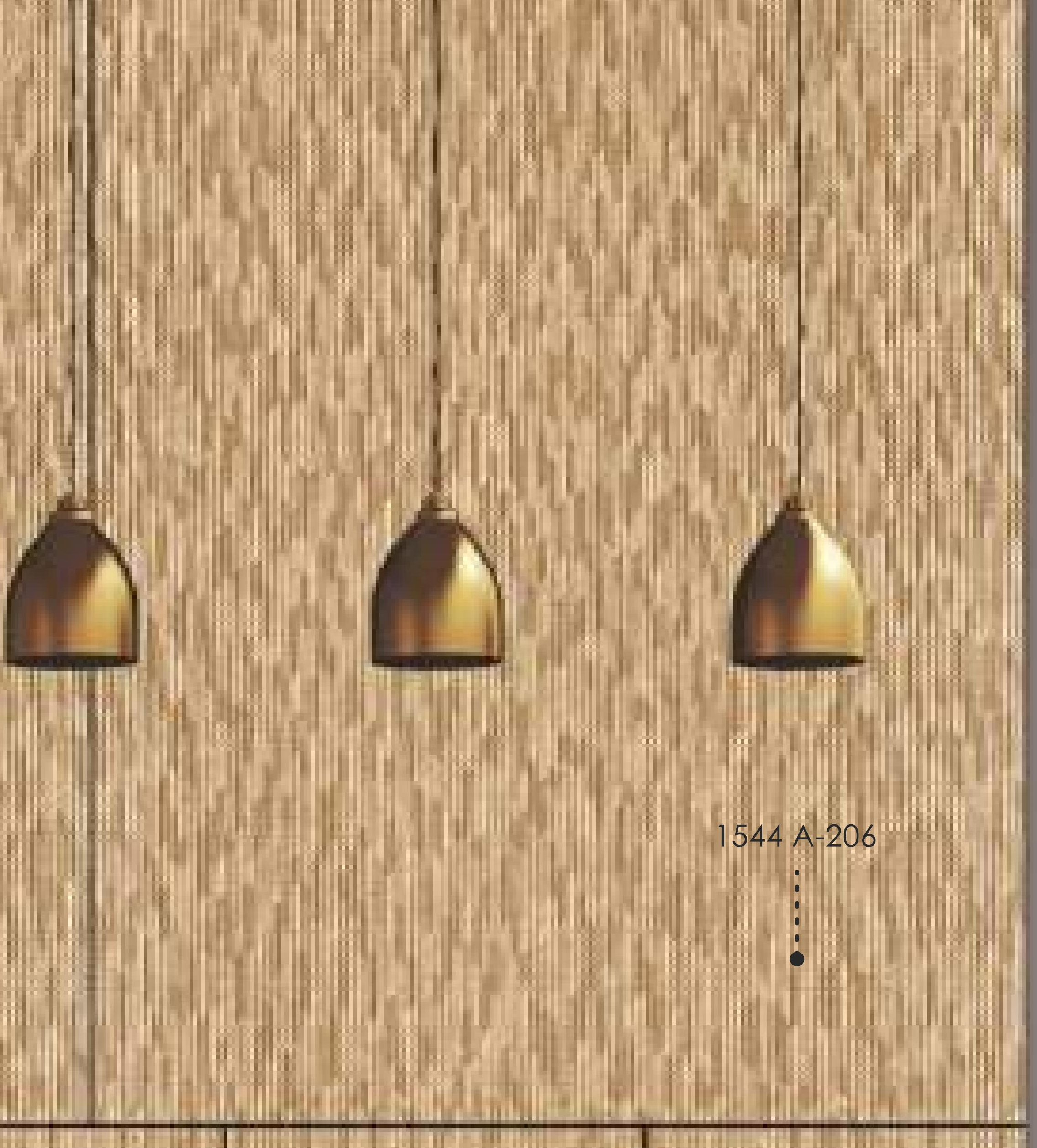 Beige wood laminate with vertical grain and three hanging brass lights.