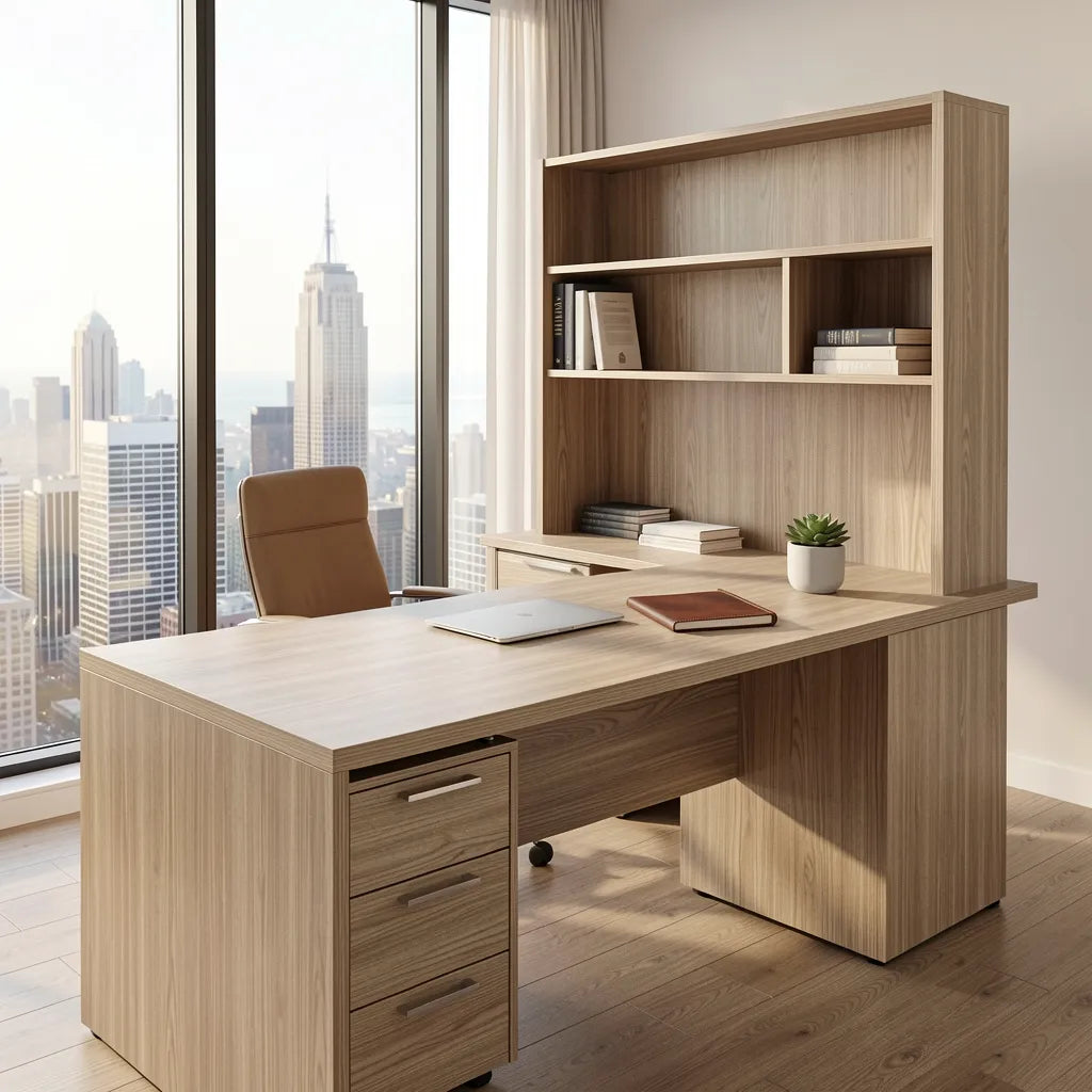 Beige wood laminate with vertical grain and three hanging brass lights.