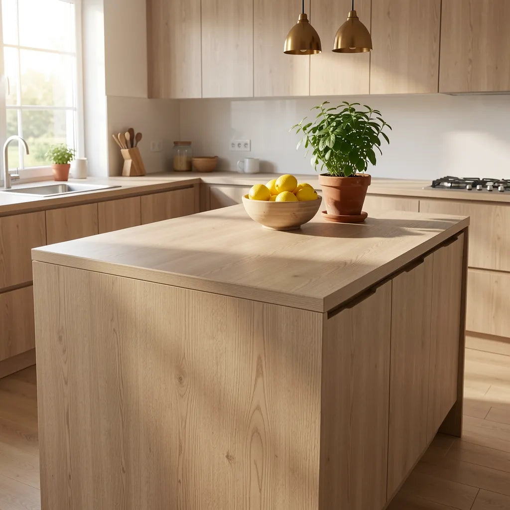 Beige wood laminate with vertical grain and three hanging brass lights.