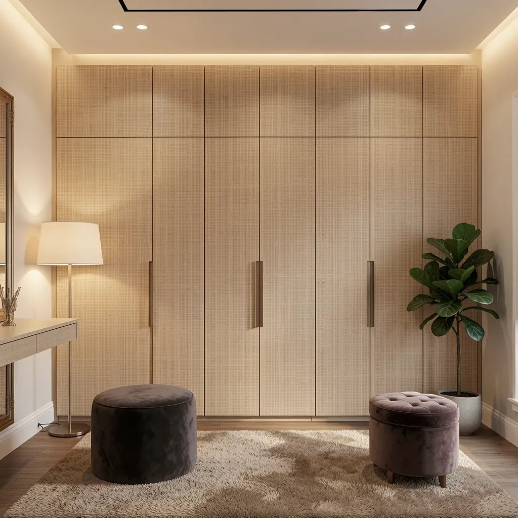 Beige matte laminate with vertical cane pattern and subtle texture.