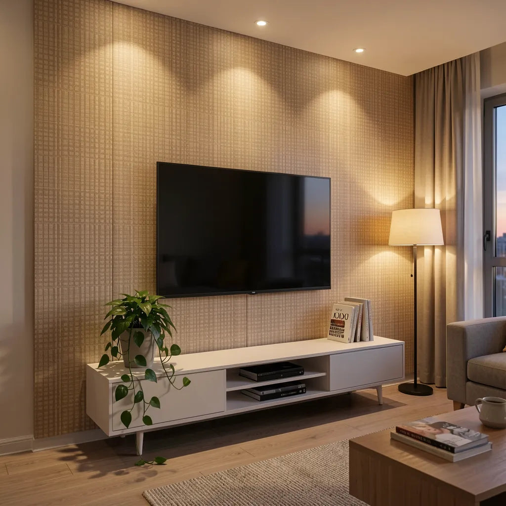 Beige matte laminate with vertical cane pattern and subtle texture.