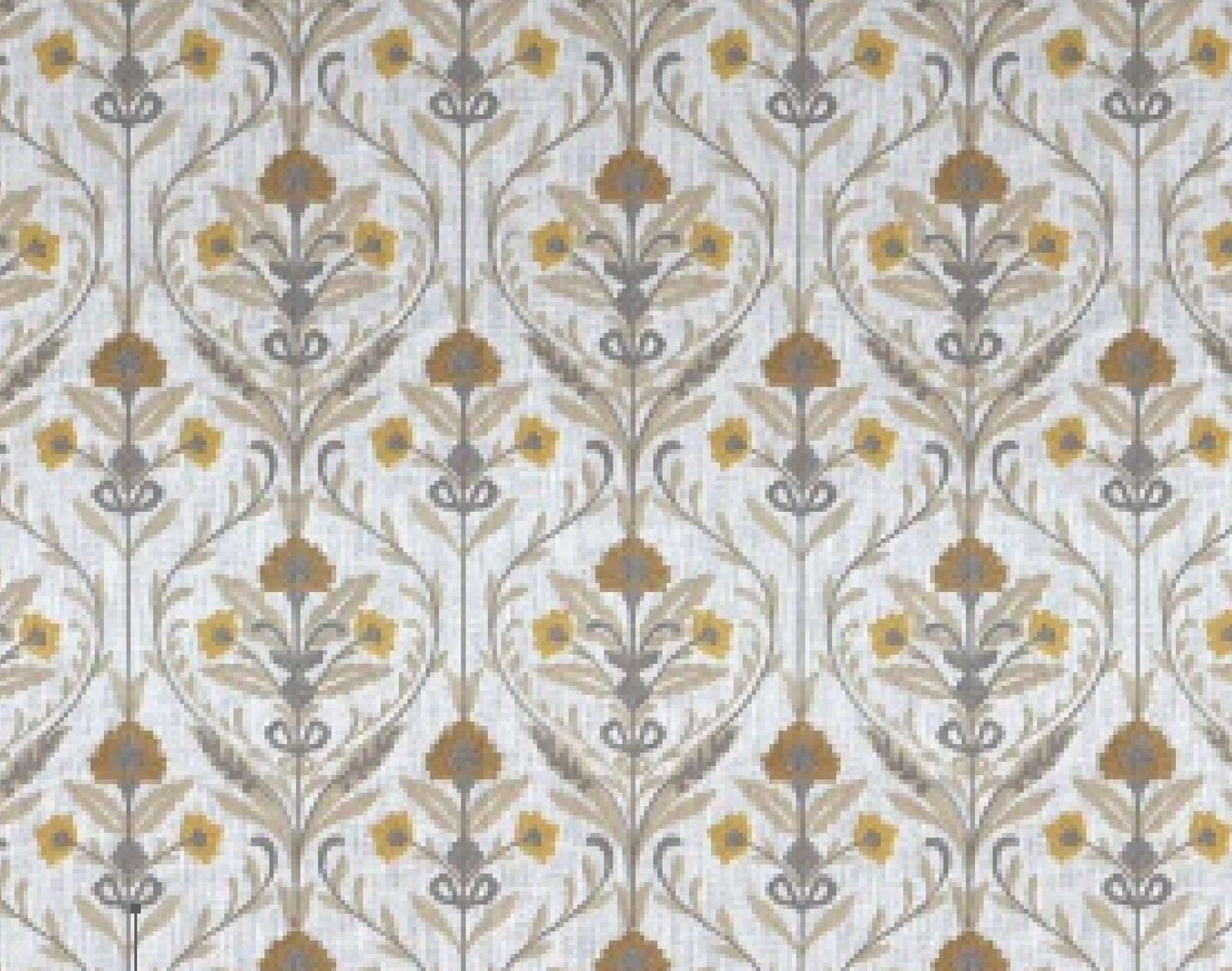 White matte laminate with floral pattern and yellow and gray accents.