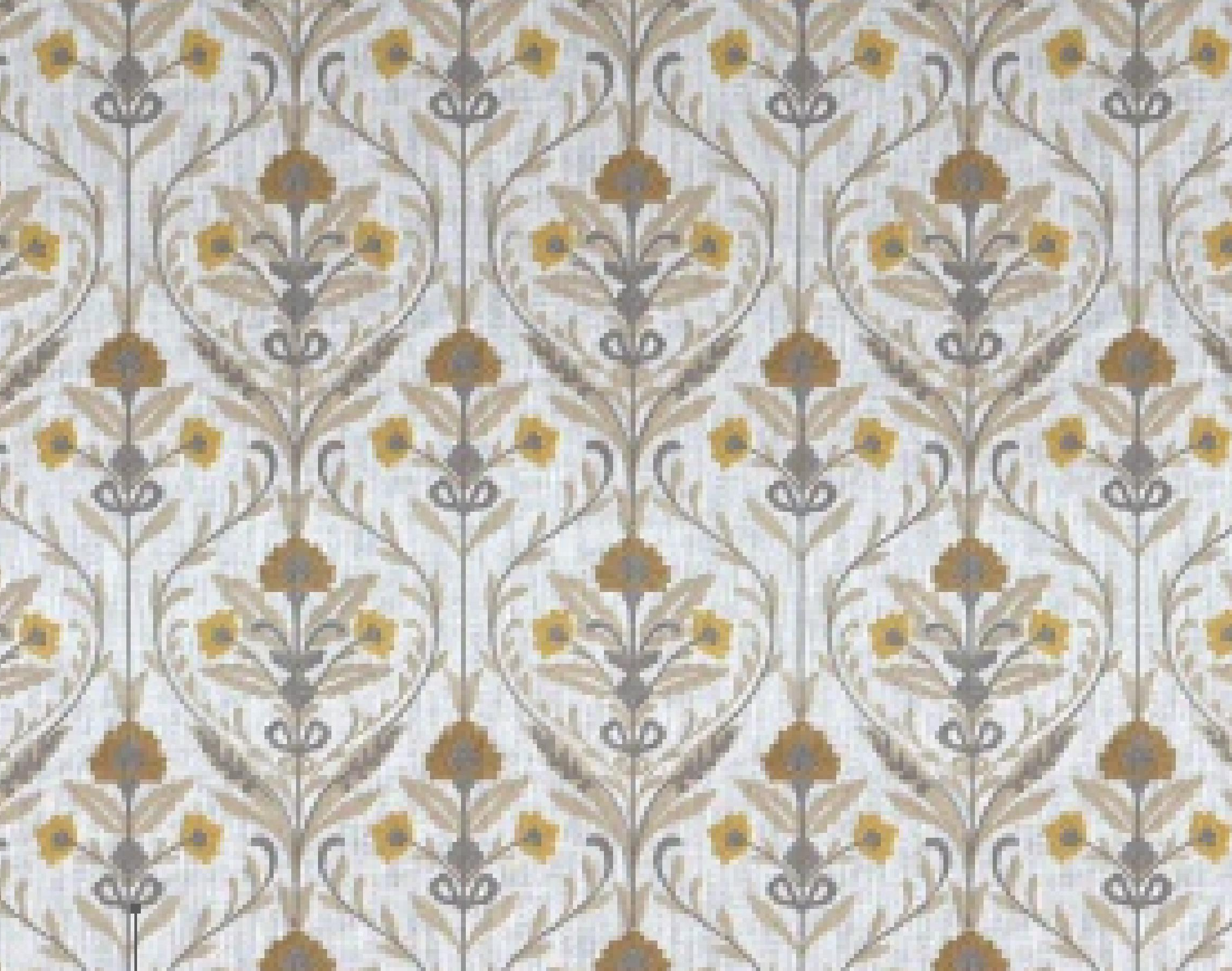 White matte laminate with floral pattern and yellow and gray accents.