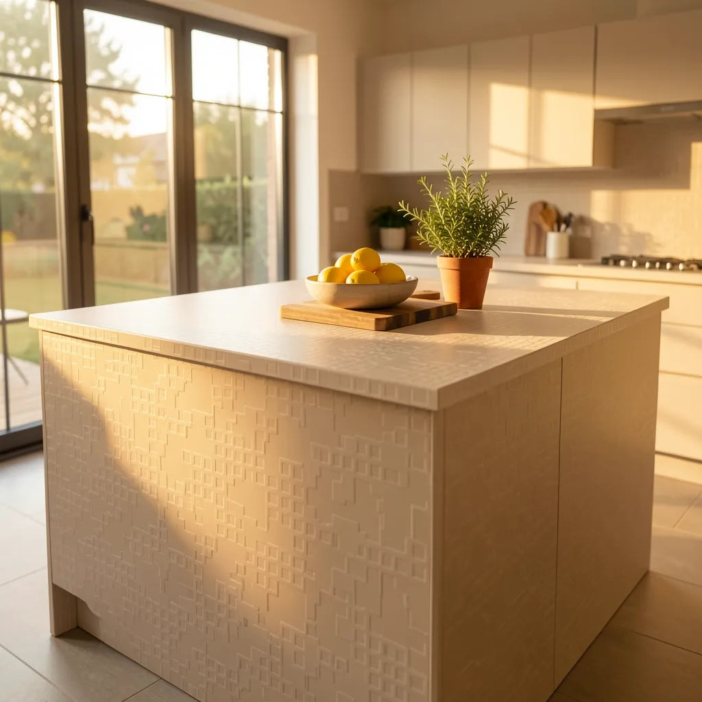 Beige laminate with embossed geometric pattern and textured finish.