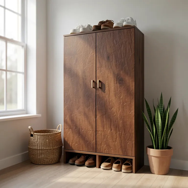 Brown textured laminate with embossed leather-like pattern and subtle sheen.