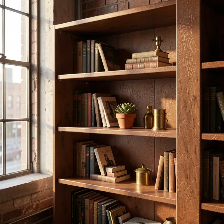 Brown textured laminate with embossed leather-like pattern and subtle sheen.
