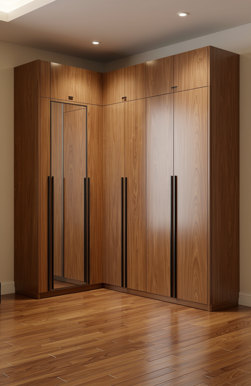 Brown laminate with textured wood grain pattern and vertical grain direction.