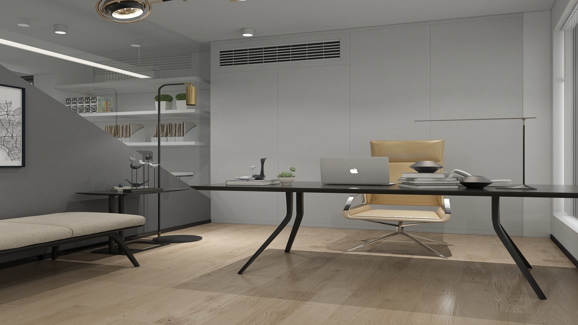 Grey solid colour laminate with high gloss finish used on modern office walls and shelves in a minimalist setting.