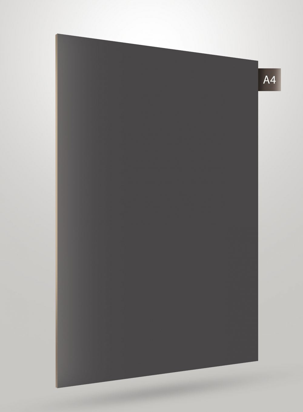 Grey high gloss solid colour laminate sheet with smooth finish and subtle shadow effect on light grey background