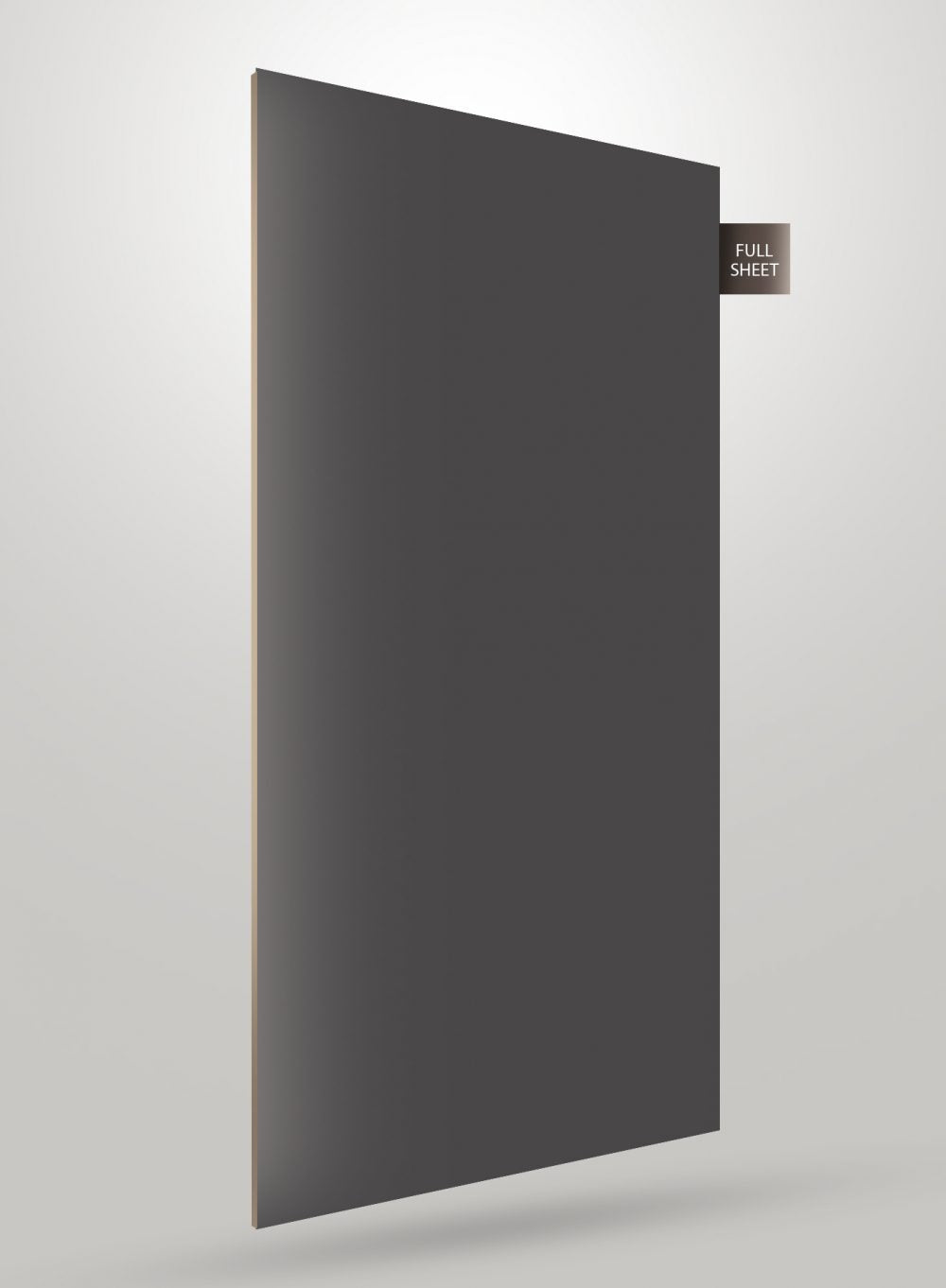 Glossy grey laminate sheet with smooth finish and full sheet label, decorative solid colour design.