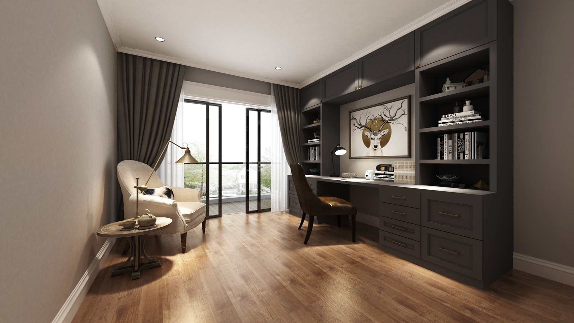Grey laminate used in a modern home office with dark grey built-in shelving and a wooden floor.
