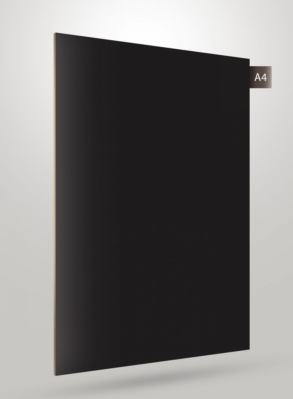 Black glossy solid colour laminate sheet with label A4 on corner, showing smooth reflective surface and thin edge profile.