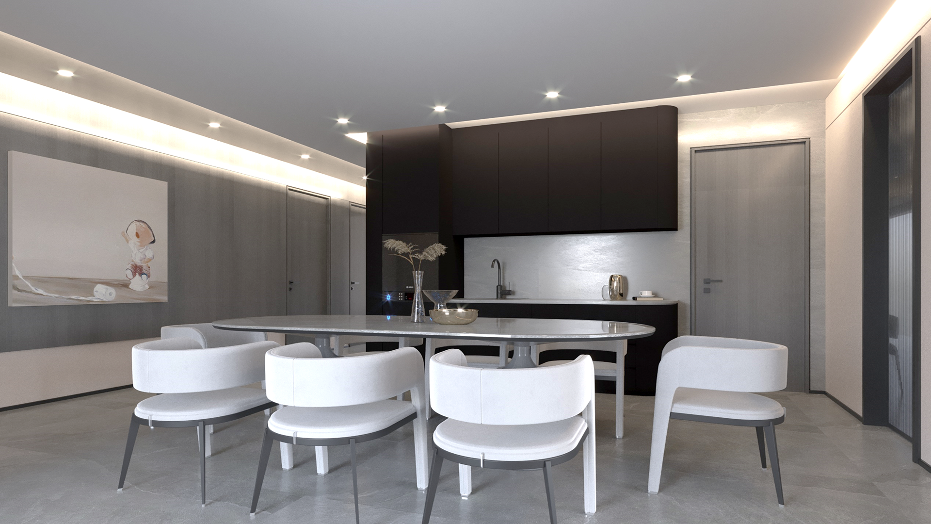 Dark laminate kitchen cabinets and backsplash in modern dining room with white furniture and decorative elements.