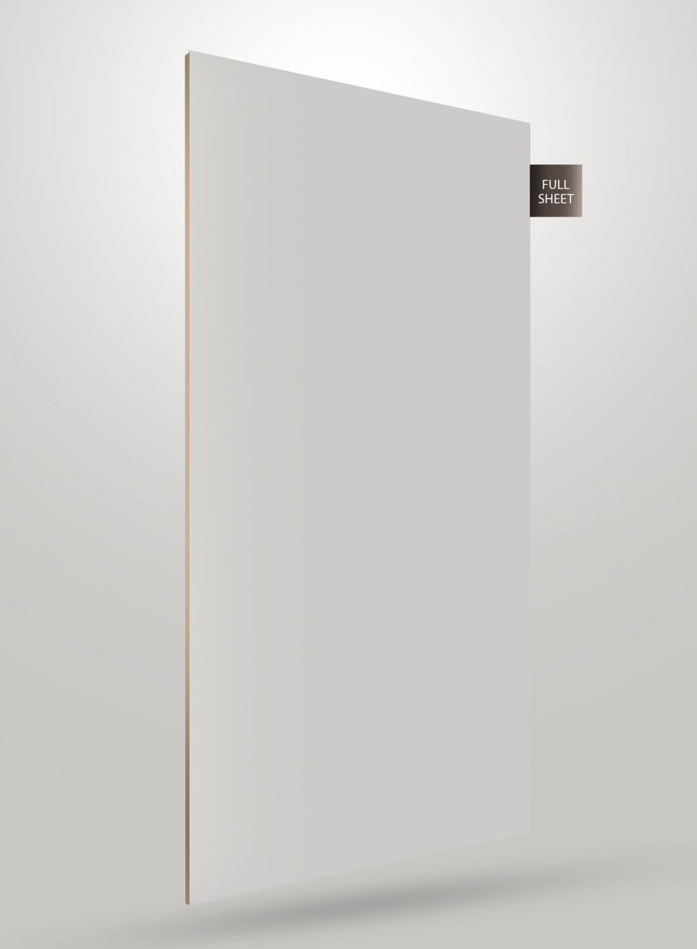 Glossy white solid colour laminate sheet with smooth finish and visible edge, labelled full sheet.
