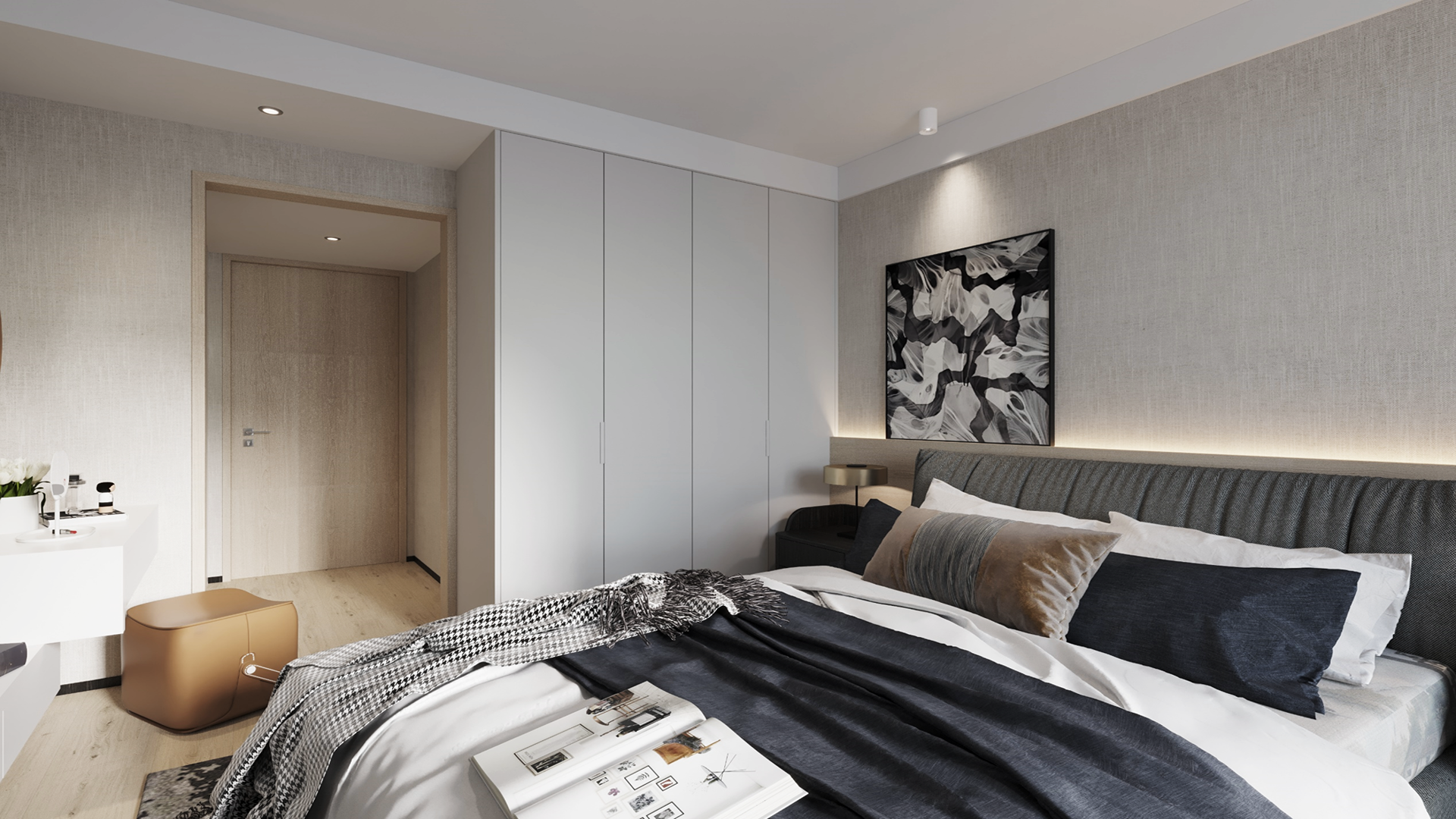 Glossy white laminate used on bedroom closet doors and walls creating a sleek modern interior design ambiance.