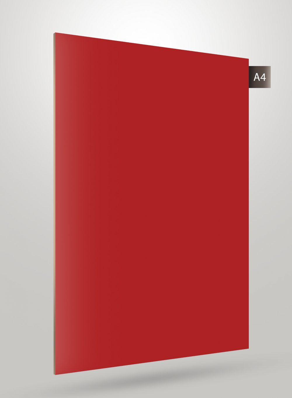Red solid colour laminate sheet with glossy finish and smooth surface, showcasing its thickness at the corner edge.