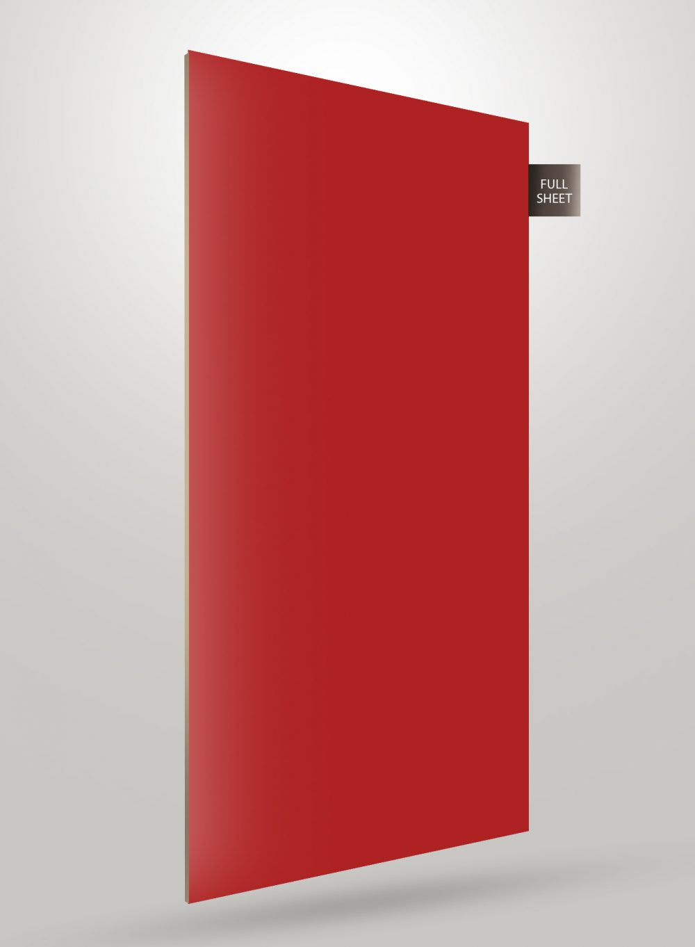 Red solid colour laminate sheet with glossy finish and full sheet label on grey background.