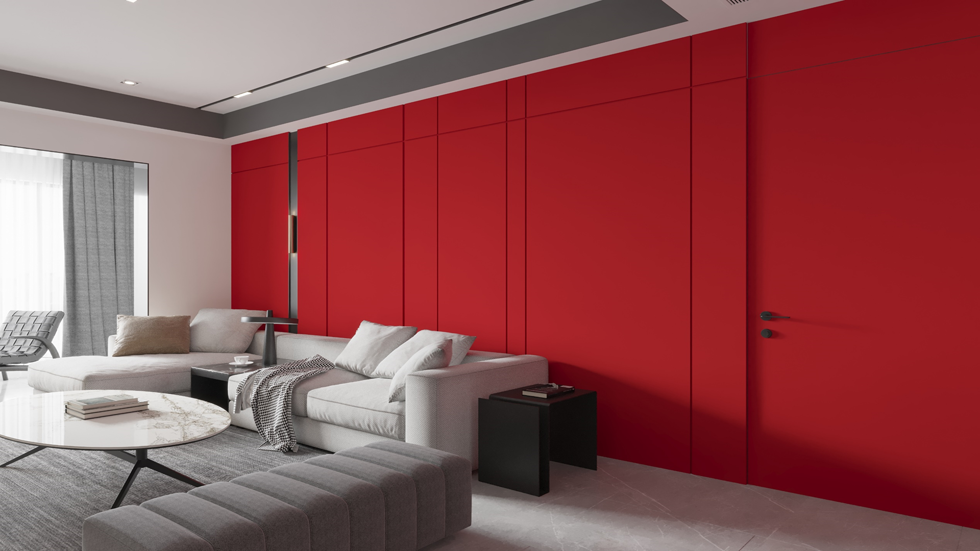 Red glossy laminate wall panels in a modern living room with white furniture and grey accents.