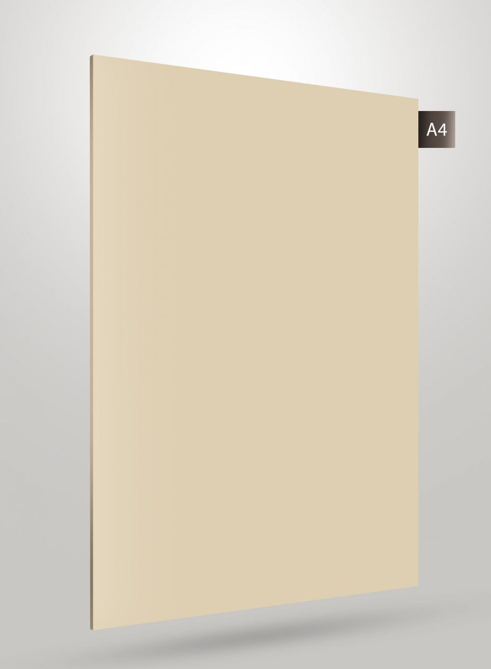 Beige solid colour laminate sheet with glossy finish and smooth surface, angled to show thickness and edge detail